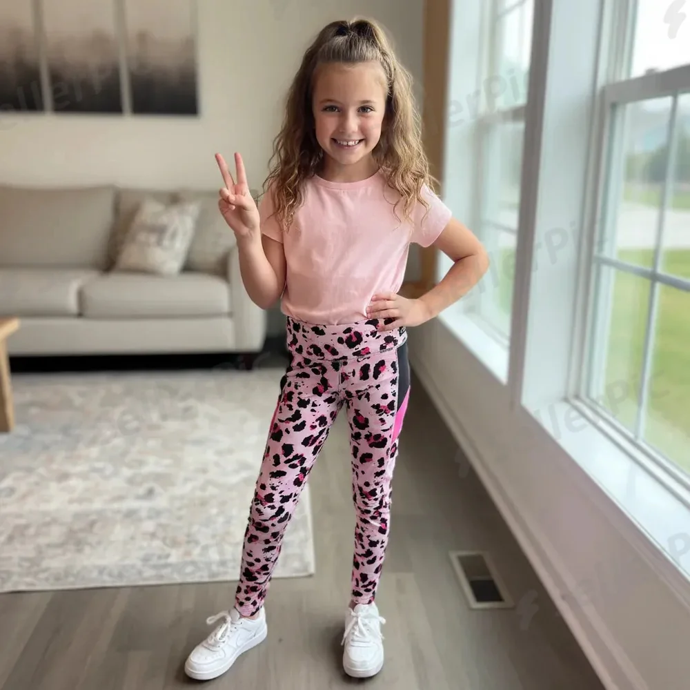 Justice Girls Leggings Activewear Pink Black Leopard Animal Print Size 10 Sporty